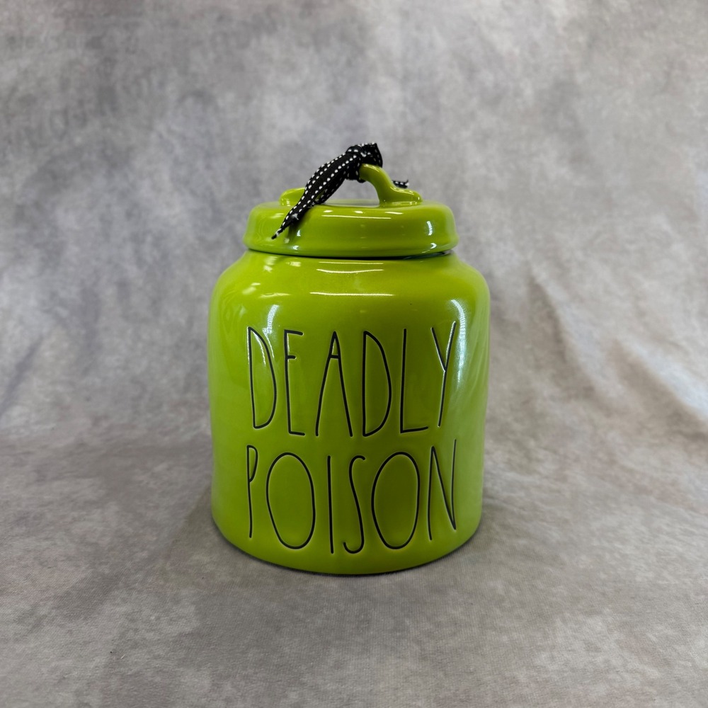 Rae Dunn Deadly Poison Canister Lime Green Halloween Ceramic Jar Small
